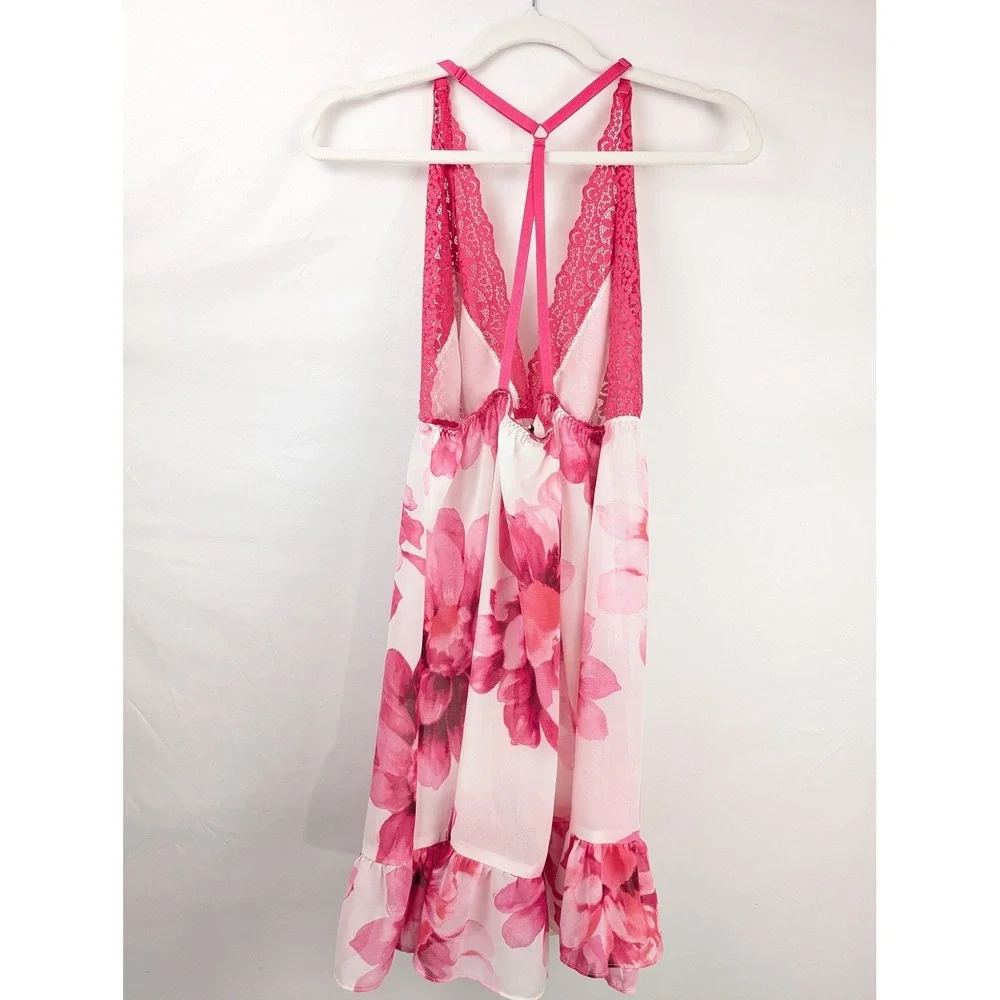 Floral Lace Trim Sheer Mesh Ruffle Babydoll Chemise Sz S Pink Nightgown Coquette